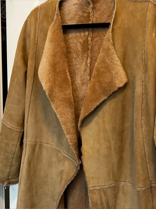 Vintage Tan genuine suede shearling duster long jacket size medium Coat Camel - Picture 5 of 13